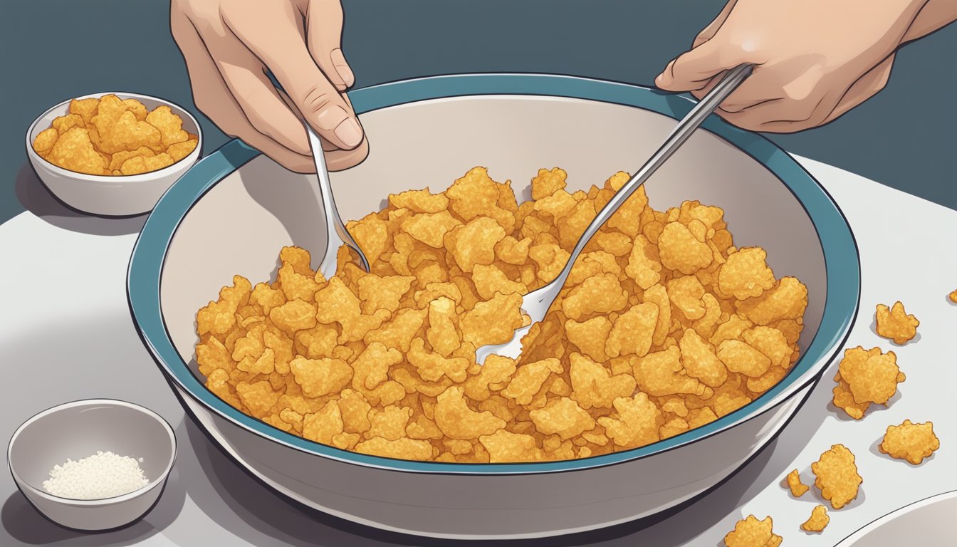 A hand dipping a piece of chicken into a bowl of crushed Kellogg's Cornflakes, ready to be baked for a crispy coating