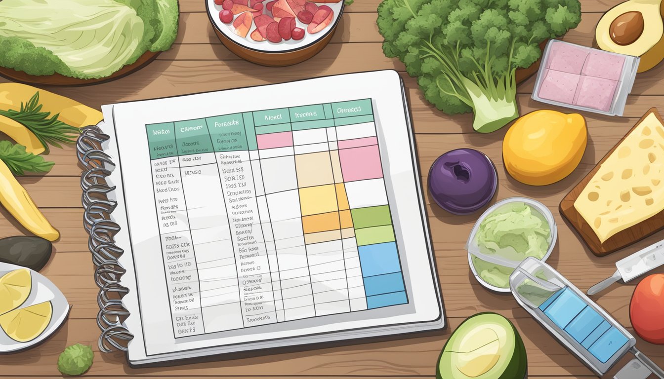 A table with a keto diet meal plan, ketone testing strips, and a monitoring logbook