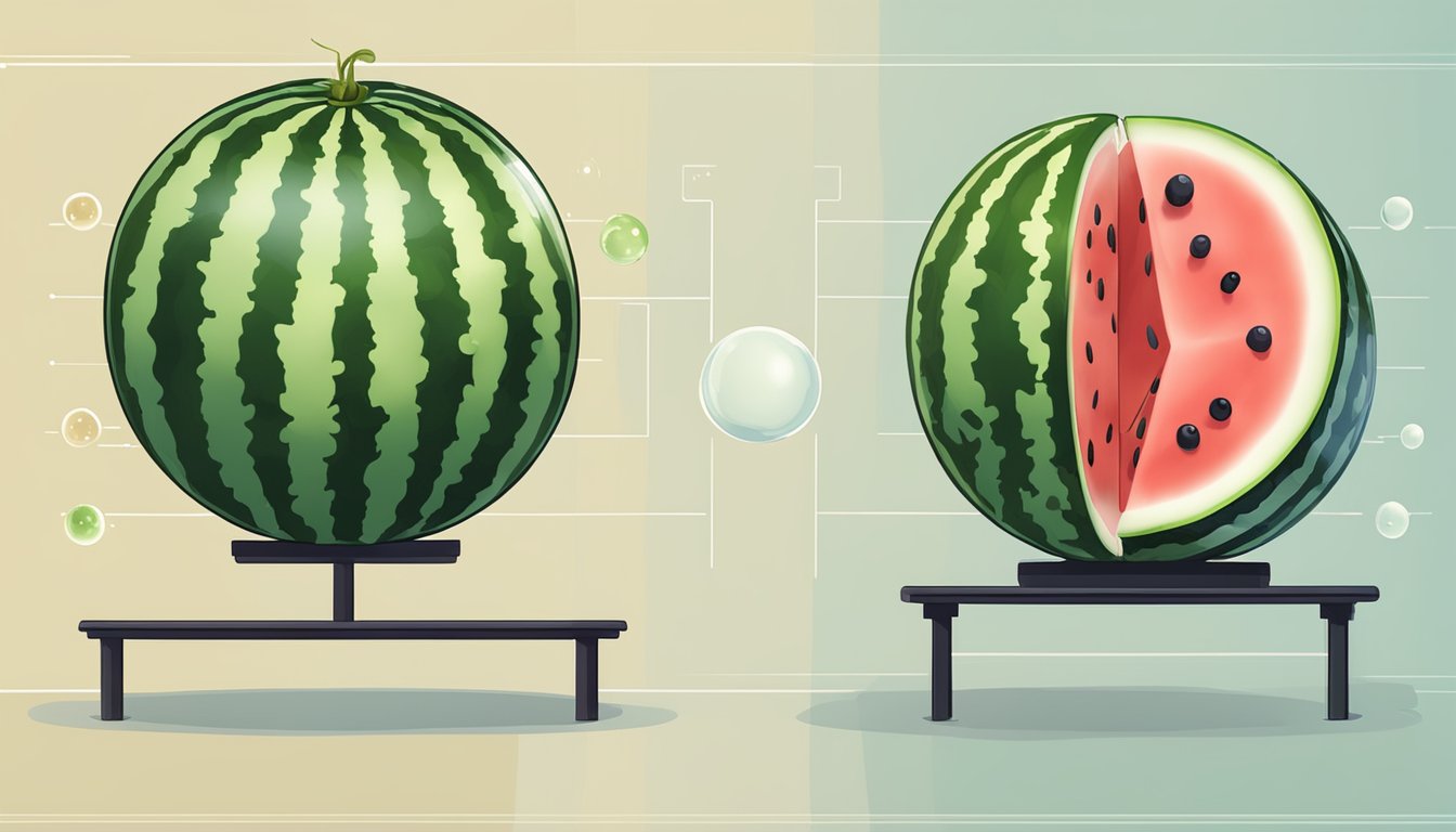 A watermelon and a potassium molecule side by side on a laboratory table for comparison