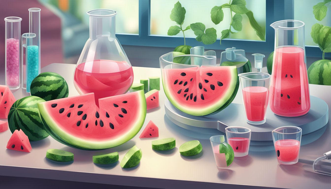 A laboratory setting with test tubes and beakers filled with watermelon extract being studied under a microscope