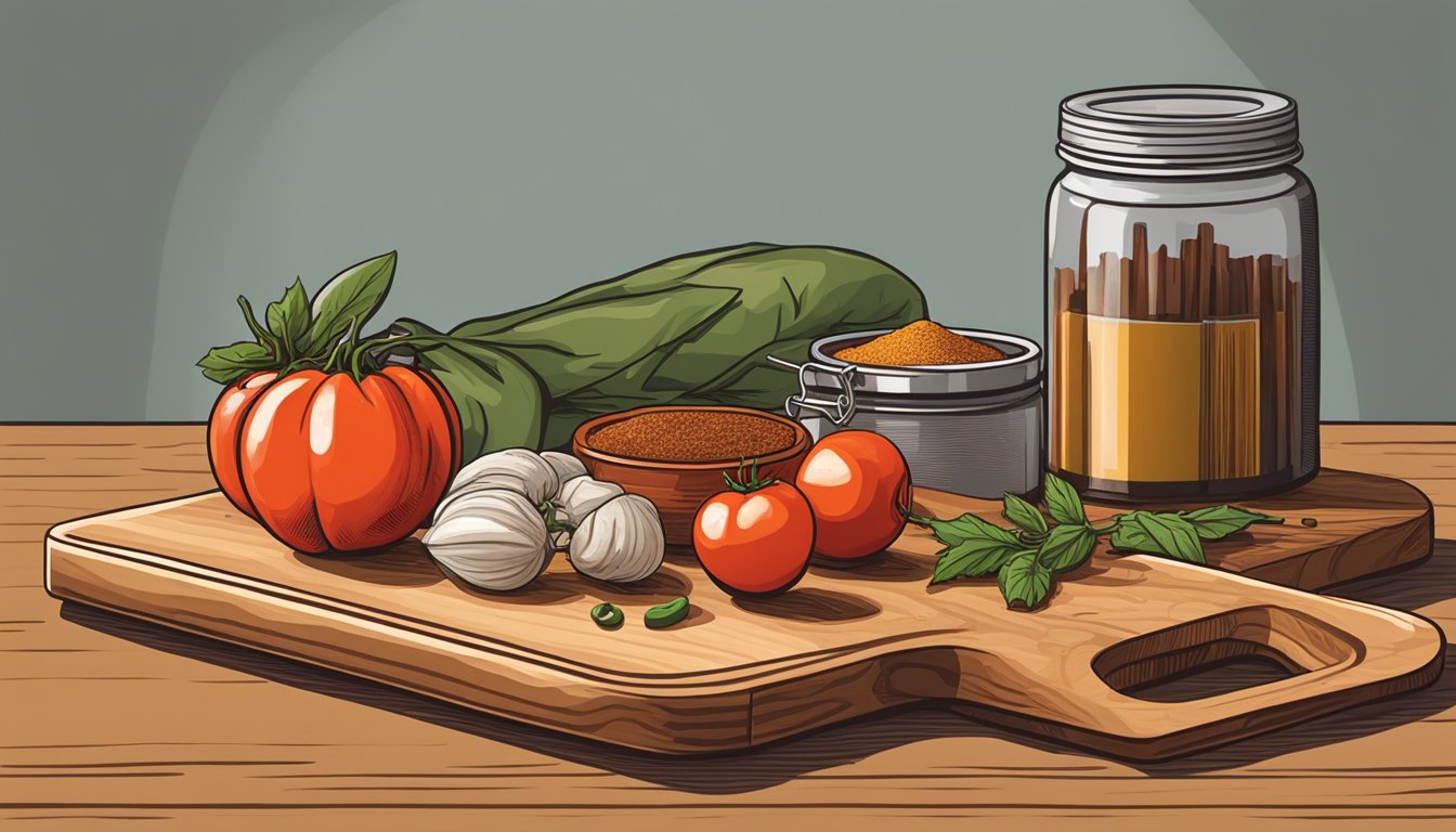 A wooden cutting board with a variety of seasonings and spices next to a can of San Marzano tomatoes, a chef's knife, and a pot on a stove