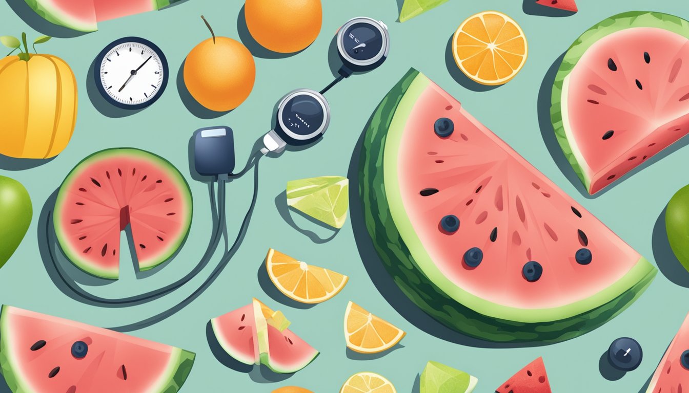 A watermelon surrounded by various fruits, with a diabetes monitor nearby