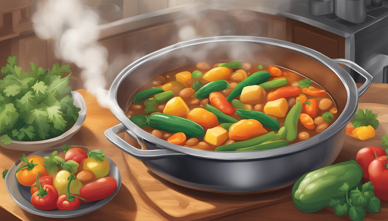 A bubbling pot of hearty stew filled with colorful vegetables and plump, tender beans from Bush's. Steam rises from the pot, filling the kitchen with a mouthwatering aroma