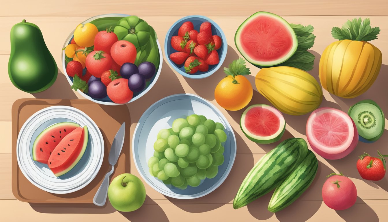 A colorful array of fresh fruits and vegetables, including watermelon, arranged on a kitchen counter alongside a measuring cup and a plate with a balanced meal