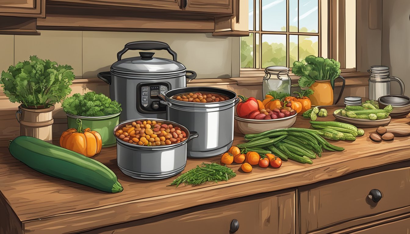 A rustic kitchen counter with an assortment of fresh vegetables, cans of Bush's beans, and a bubbling pot of hearty stew