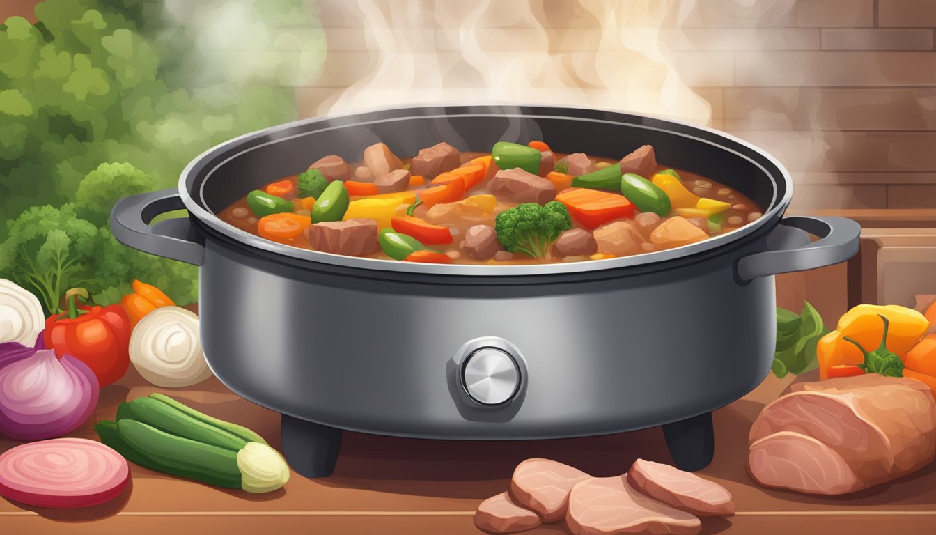 A pot of hearty stew simmering on a stovetop, filled with colorful vegetables, chunks of meat, and Bush's beans, with steam rising from the bubbling mixture