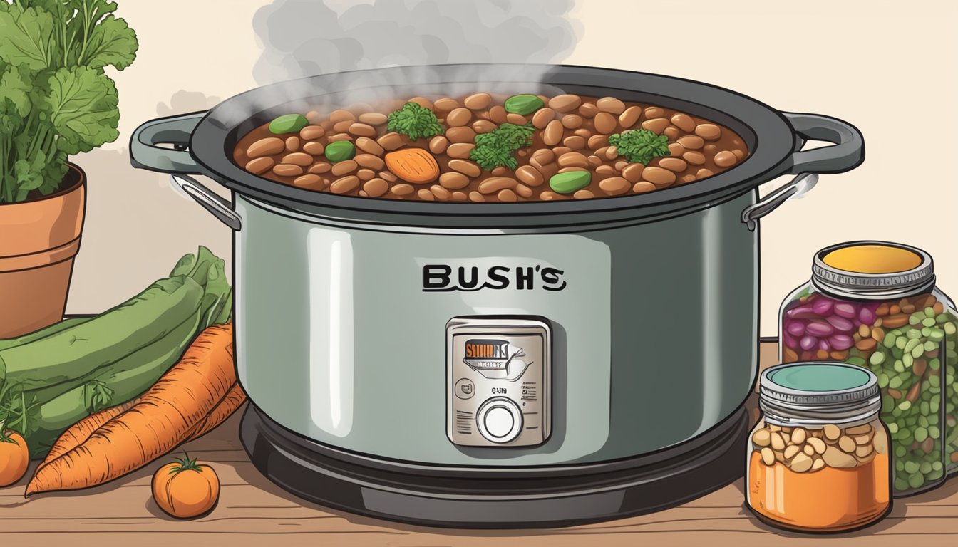 A steaming pot of bean stew simmering on a stovetop, surrounded by fresh vegetables, herbs, and cans of Bush's beans