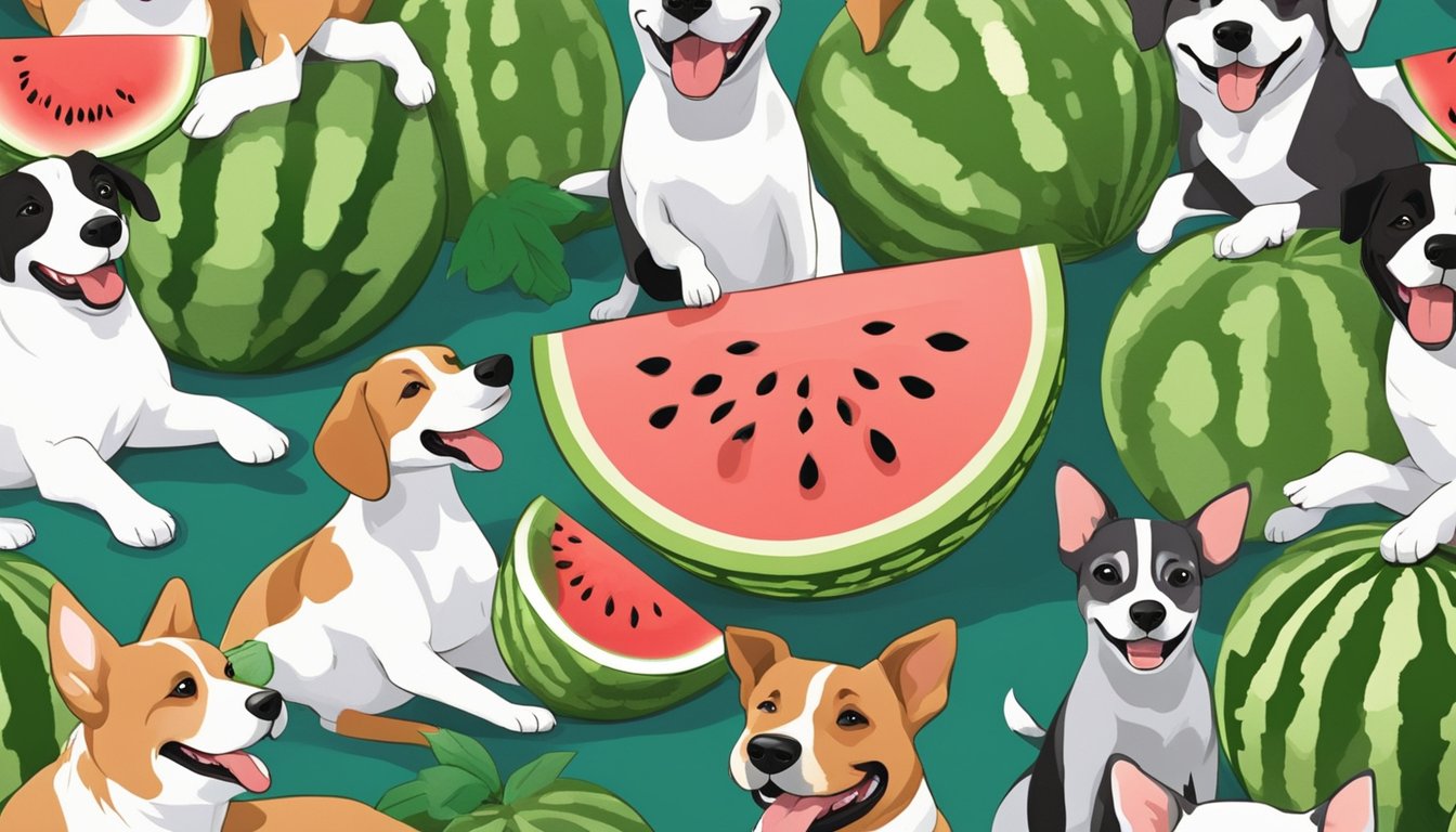 A watermelon with a bite taken out of it, surrounded by happy dogs playing with the rind