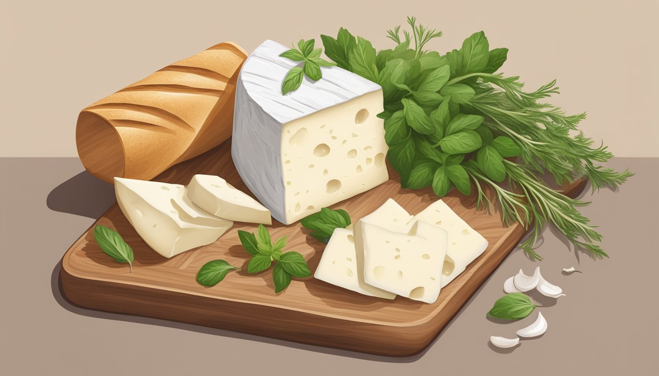 A wooden cutting board with a wedge of boursin cheese, surrounded by fresh herbs, garlic cloves, and a baguette