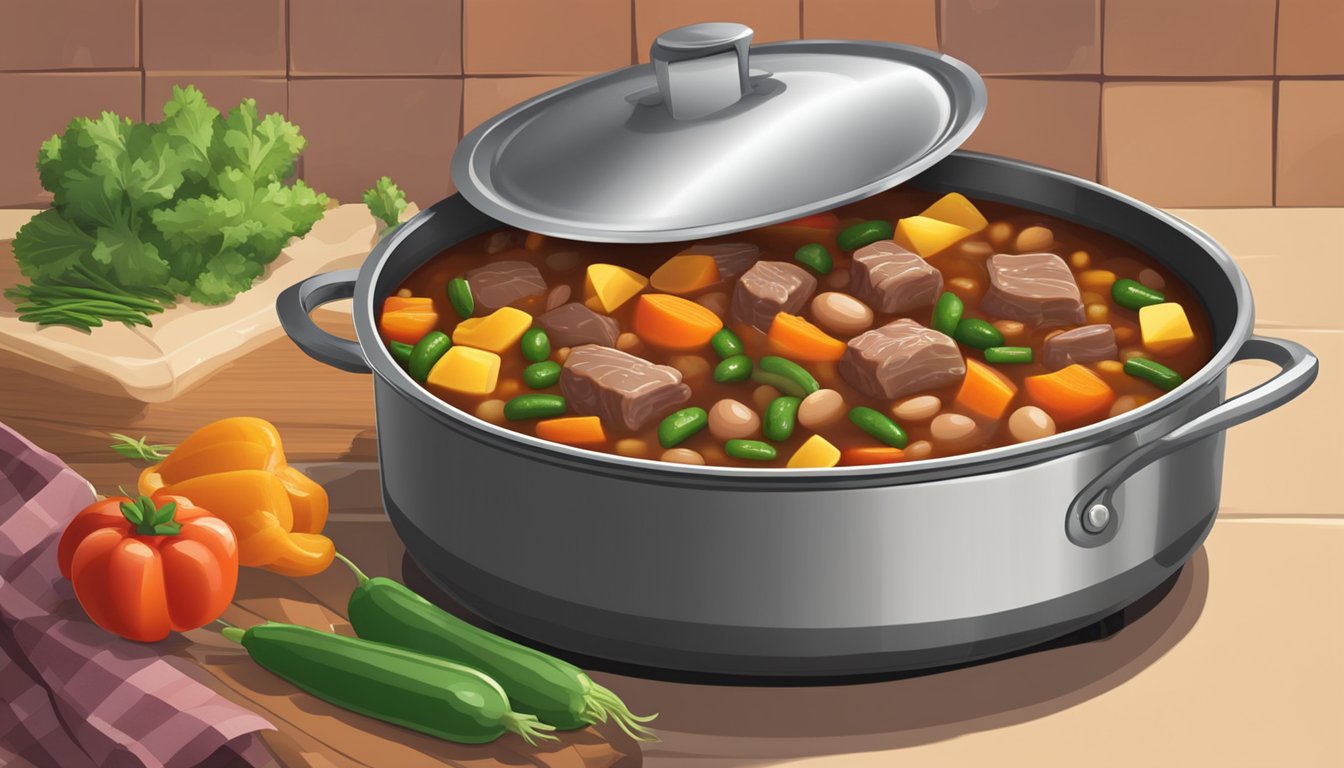 A pot of stew simmering on a stove, filled with colorful vegetables and chunks of tender meat, with a can of Bush's beans being poured in for added heartiness