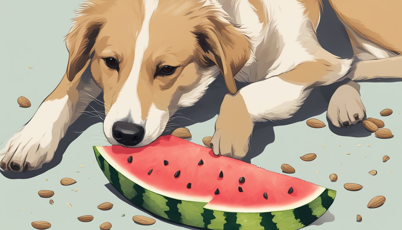 A dog eagerly munching on a slice of watermelon rind, with seeds scattered on the ground