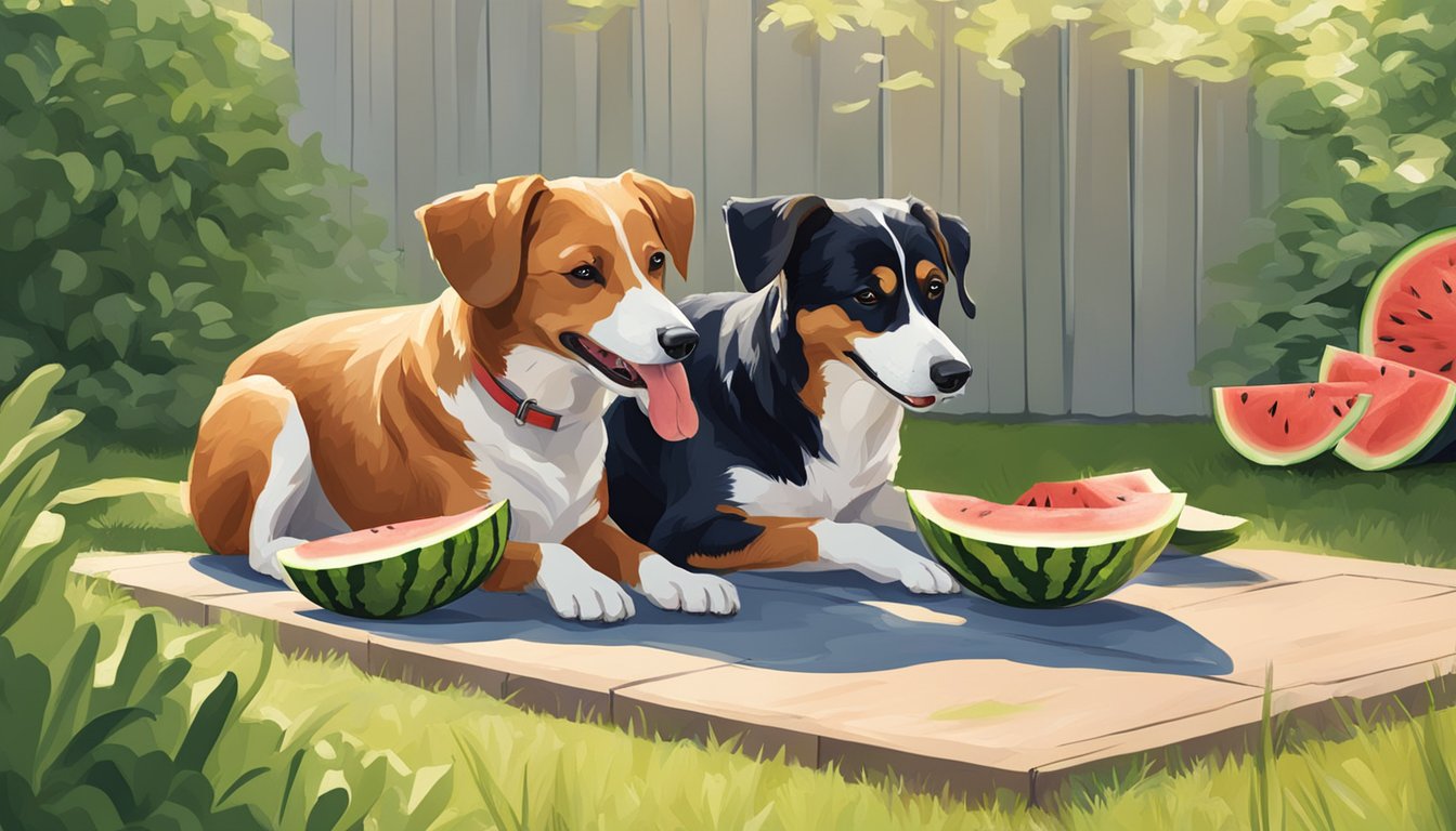 Two dogs playfully chewing on watermelon rinds in a sunny backyard