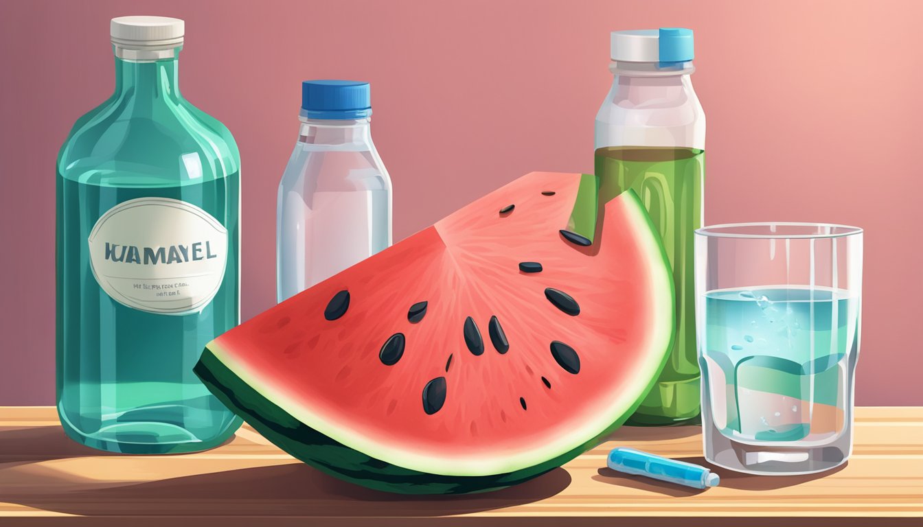 A sliced watermelon on a bedside table, with a glass of water and a bottle of sleeping pills nearby