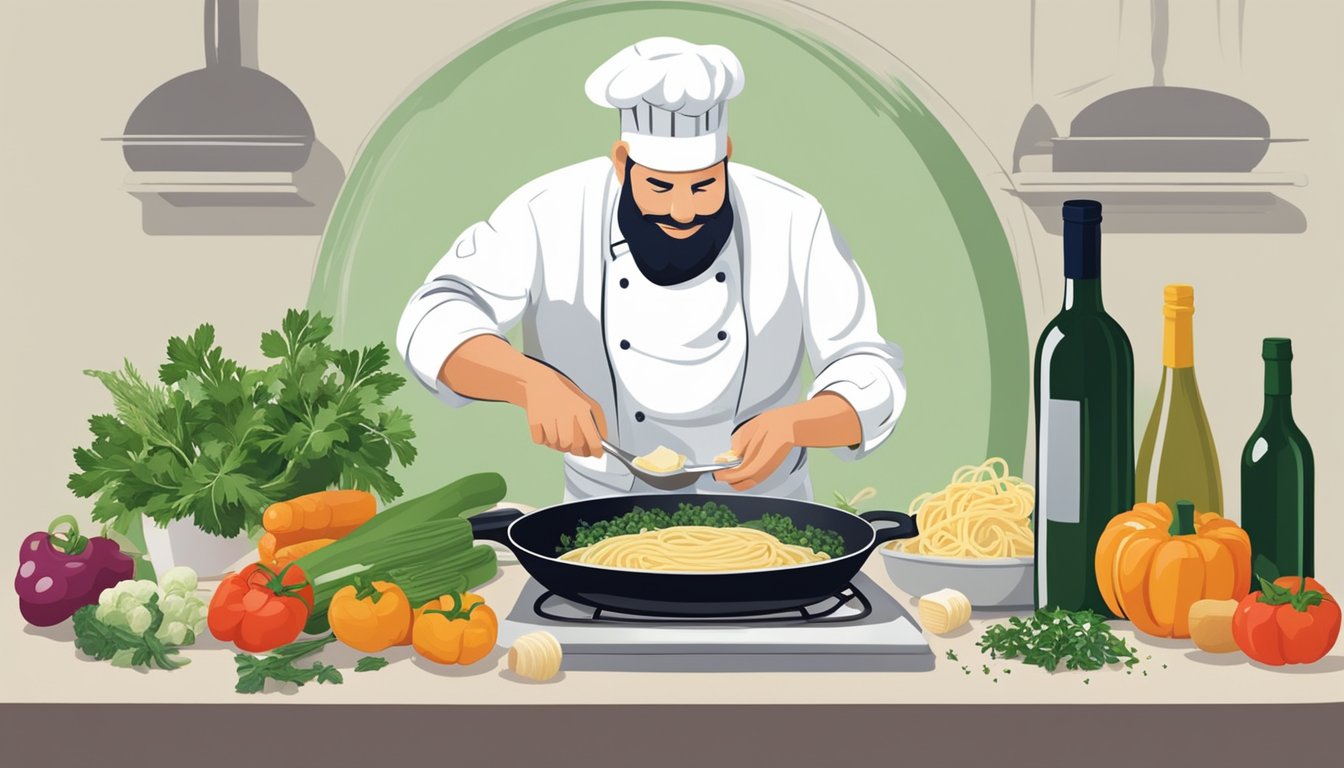 A chef adding Boursin cheese to a sizzling pan of vegetables and pasta, with a bottle of wine and fresh herbs nearby