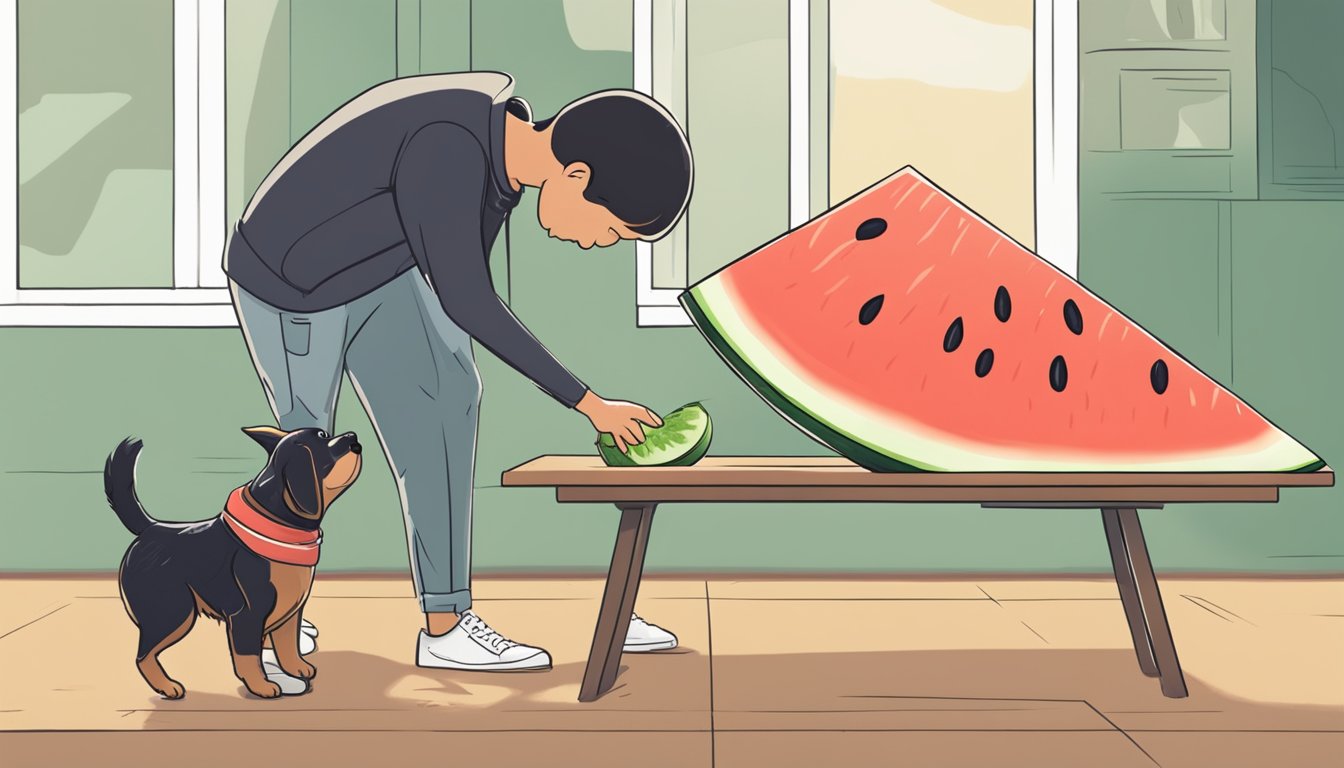 A dog cautiously sniffs a watermelon rind, while a concerned owner looks on