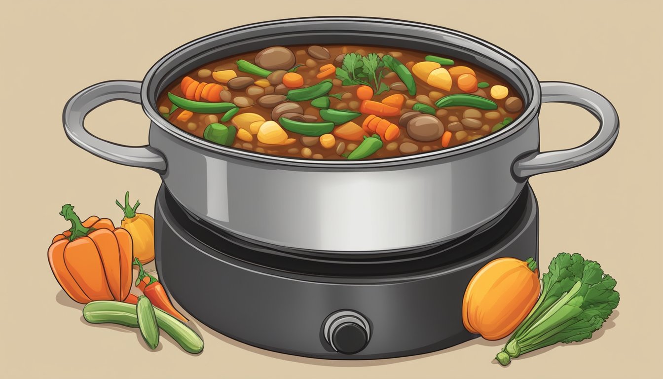 A pot of hearty stew simmering on a stove, filled with colorful vegetables and Bush's beans, ready to be served and enjoyed for lasting freshness