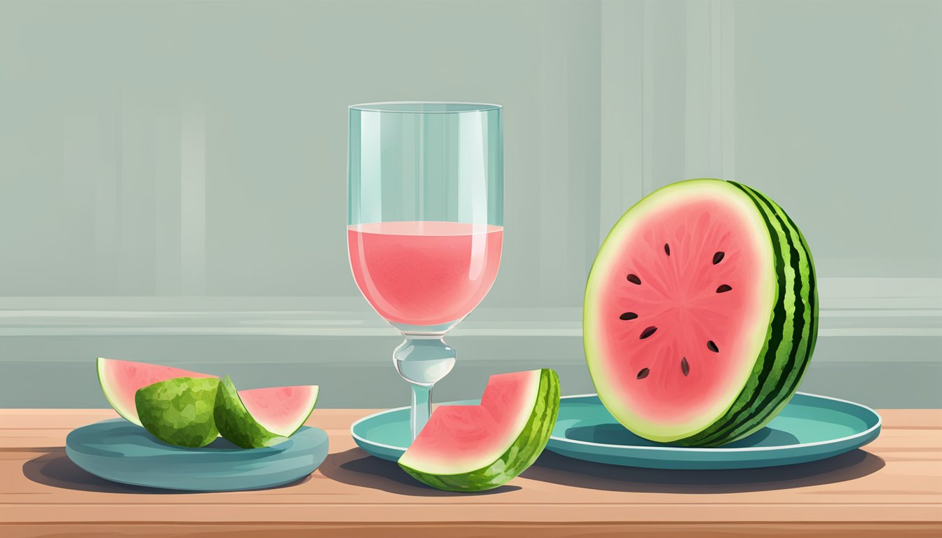 A juicy watermelon slice on a plate with a glass of water beside it