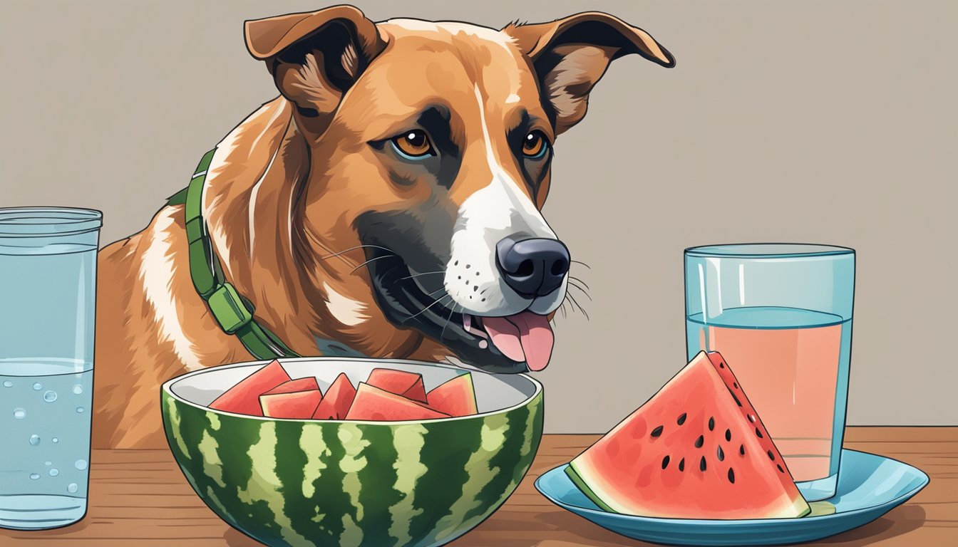 A dog happily chews on a watermelon rind, while a bowl of fresh water sits nearby for hydration