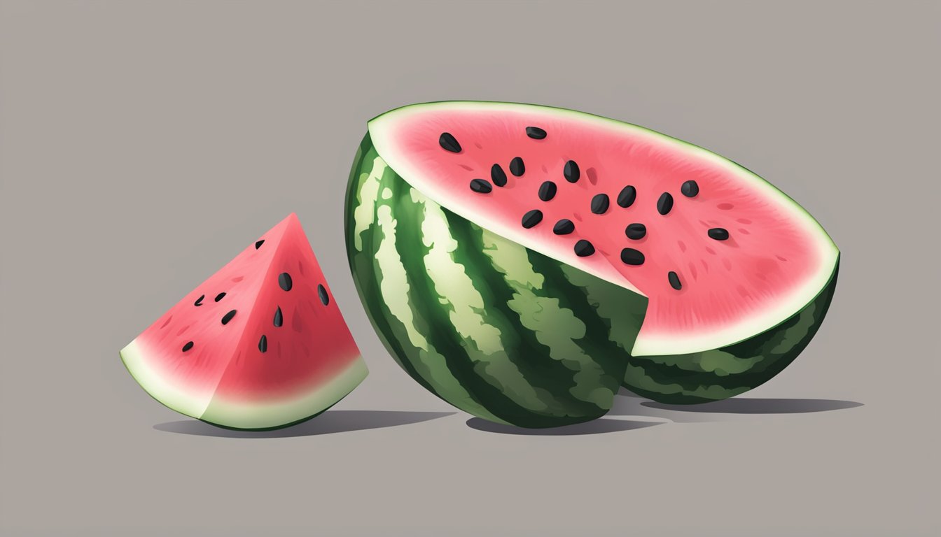 A watermelon sliced open, revealing its bright pink flesh and black seeds. A nutrition label next to it displaying its healthy profile