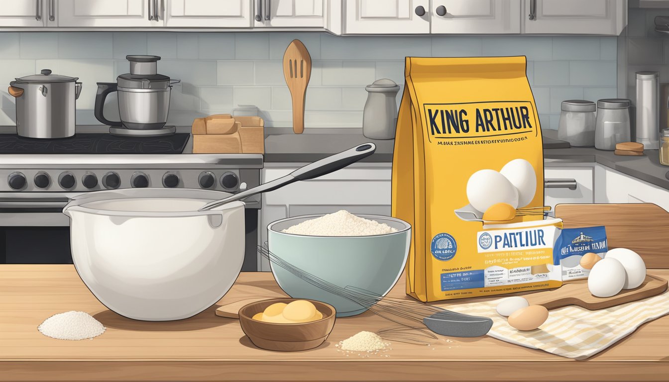 A kitchen counter with a bag of King Arthur flour, a mixing bowl, a whisk, and a measuring cup. Ingredients like eggs and milk are nearby