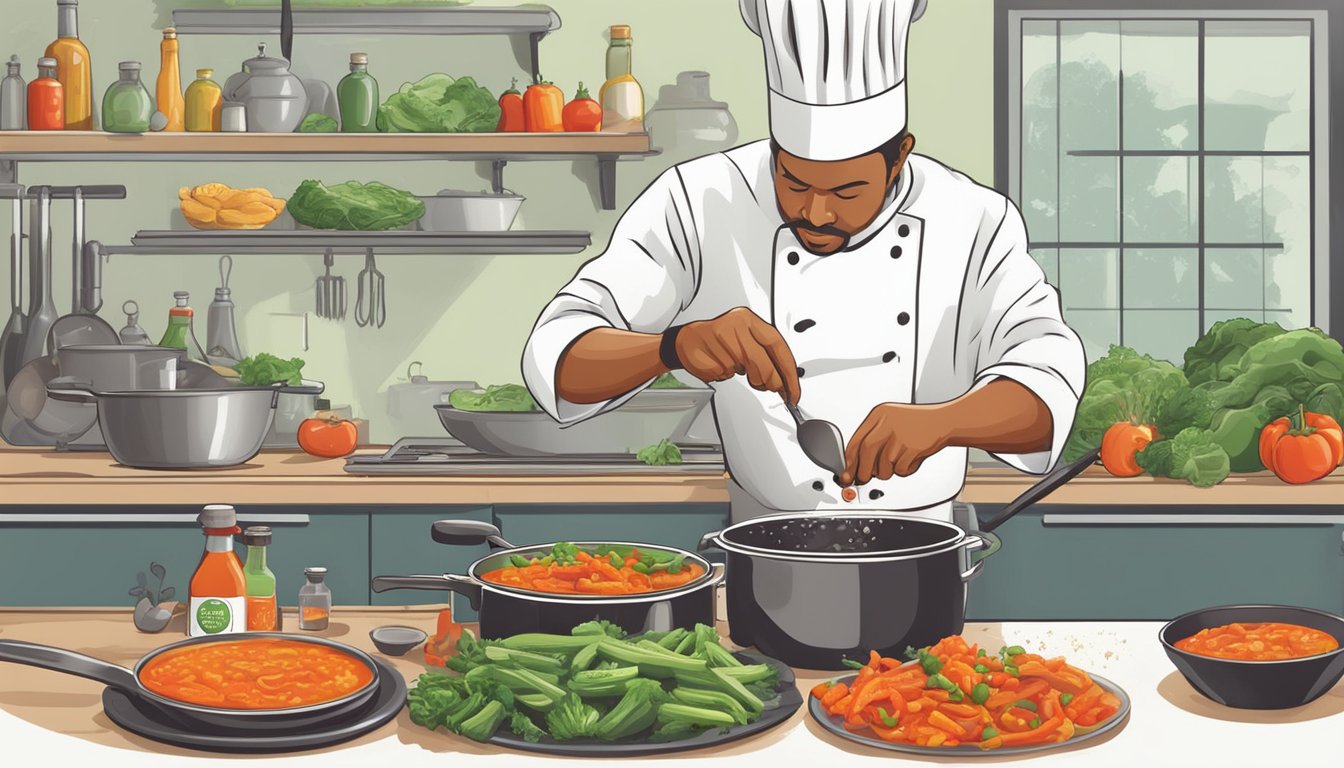 A chef adds a few drops of Tabasco sauce to a sizzling pan of vegetables, creating a burst of spicy aroma