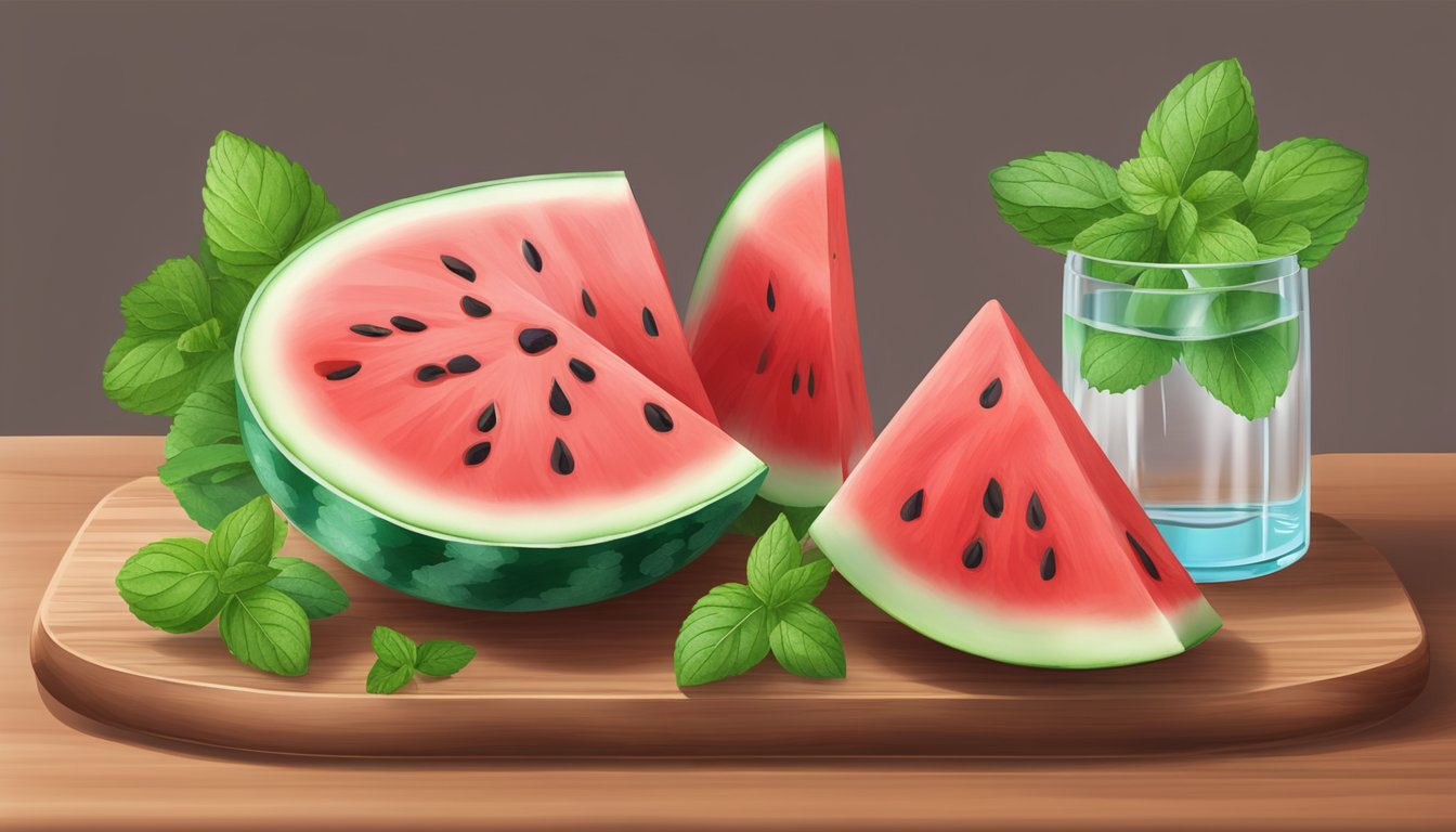 A juicy watermelon sliced on a wooden cutting board surrounded by fresh mint leaves and a glass of water