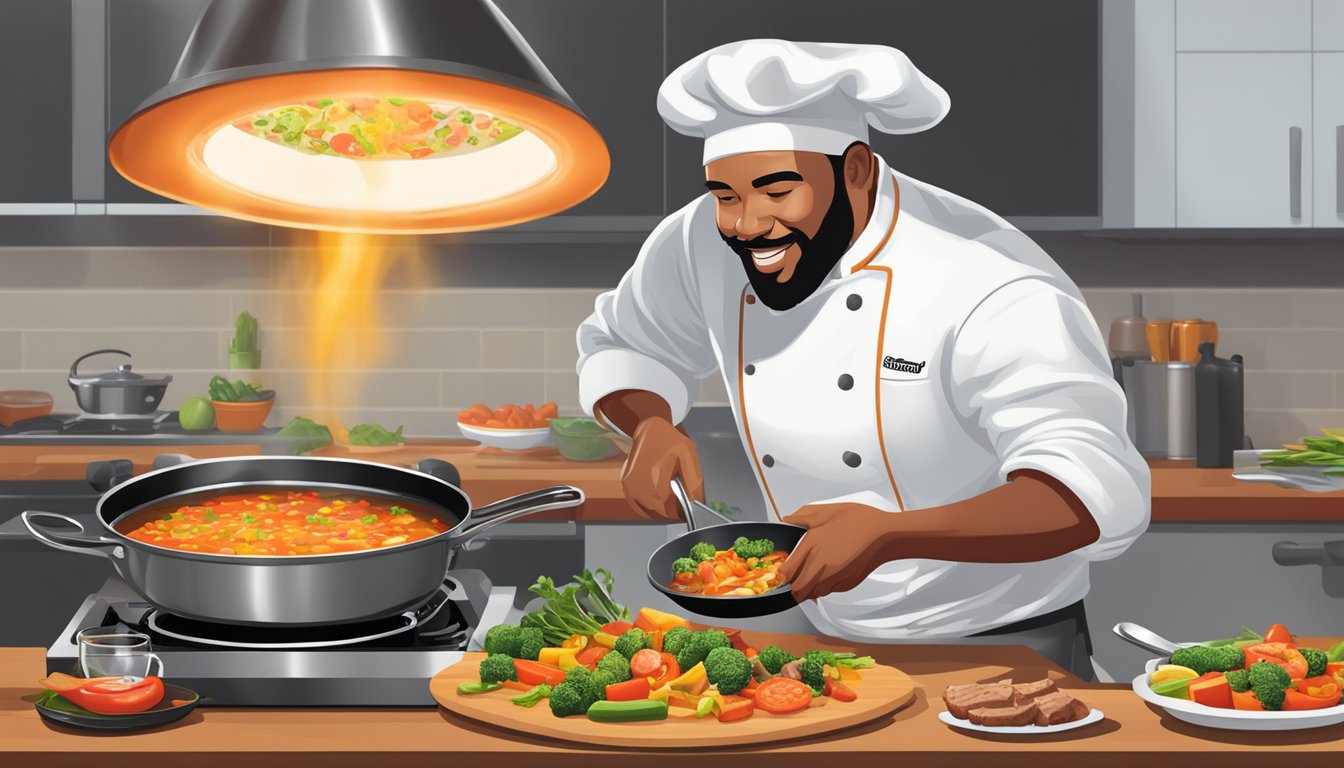 A chef pouring Campbell's soup into a sizzling skillet of sautéed vegetables and seared meat, creating a flavorful and impressive main dish