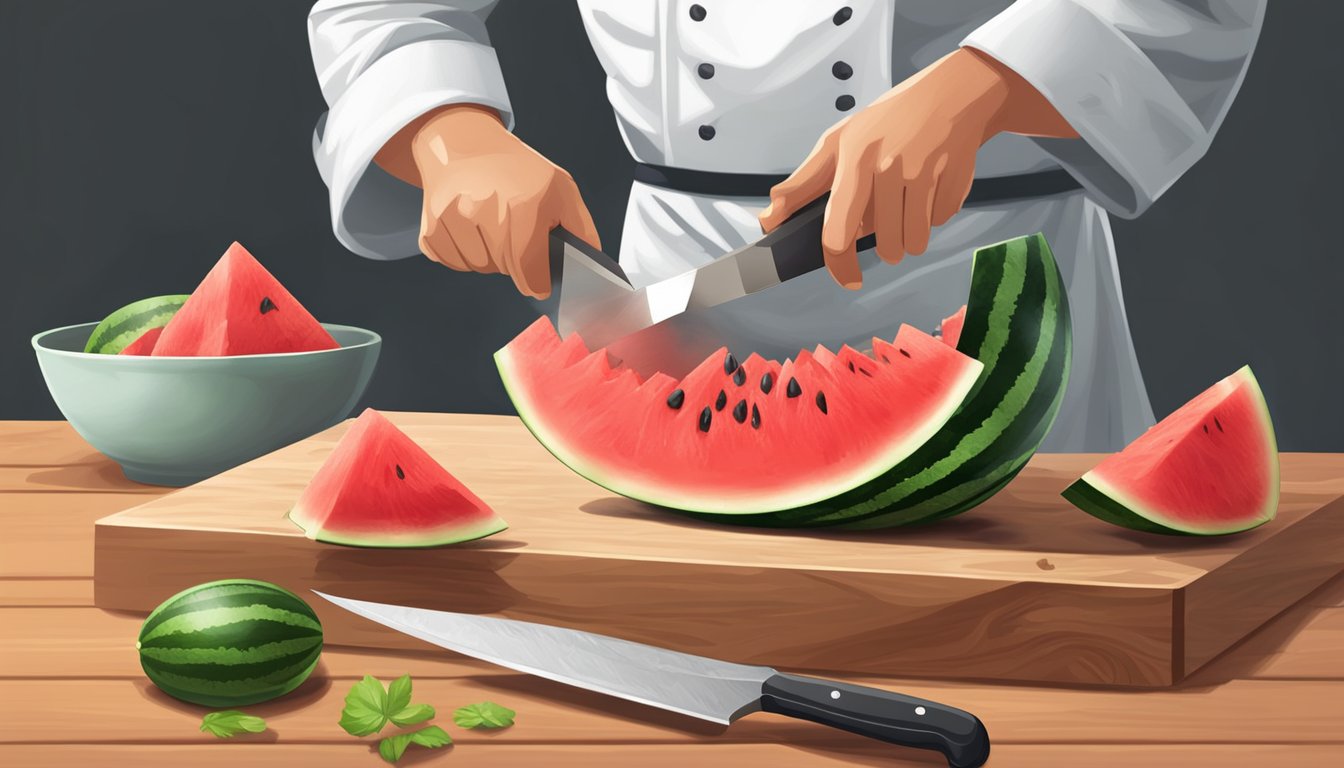 A chef slicing a ripe watermelon with a sharp knife on a wooden cutting board, with fresh watermelon chunks in a bowl nearby