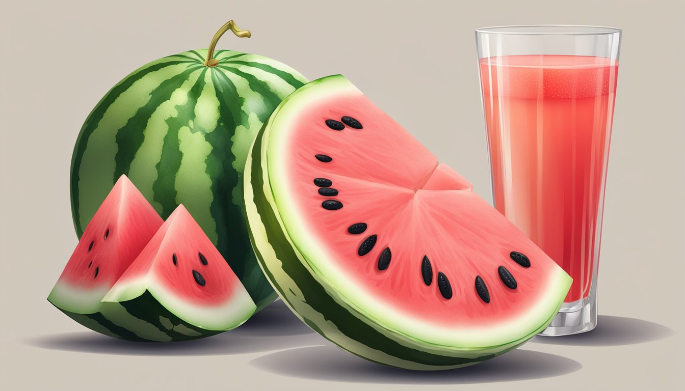 A watermelon cut in half, with visible seeds and juicy red flesh, surrounded by slices and a glass of watermelon juice