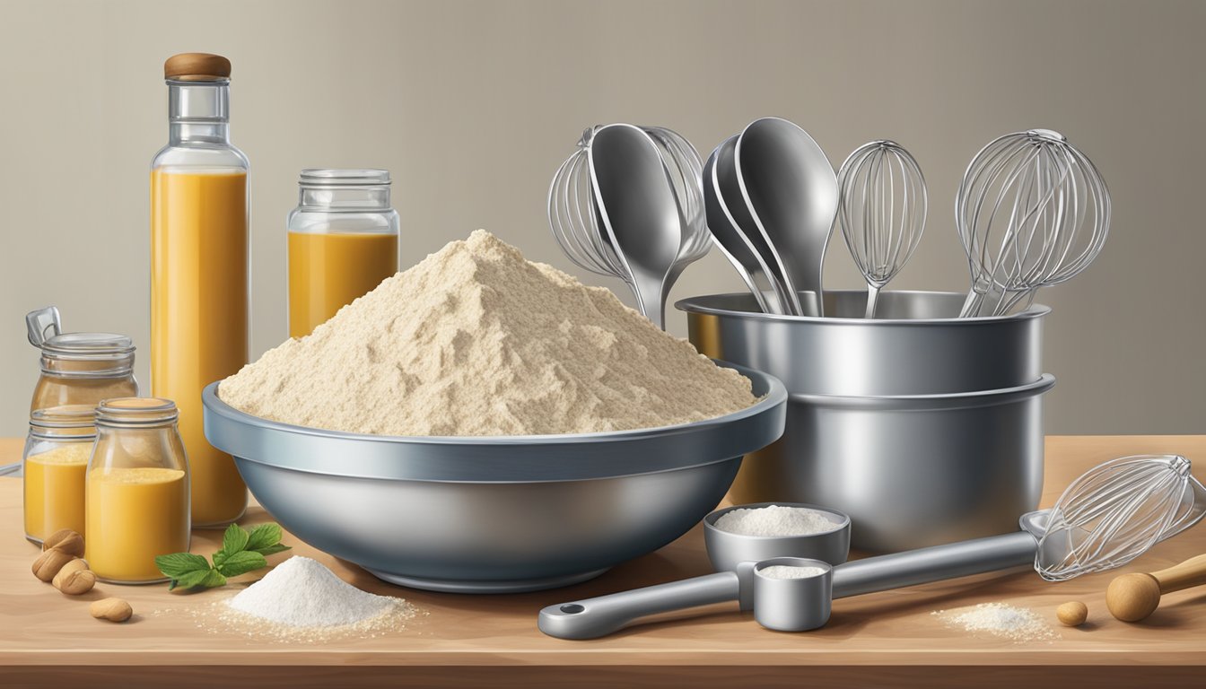 A mixing bowl filled with King Arthur flour, surrounded by measuring cups and spoons, with a whisk and a rolling pin nearby