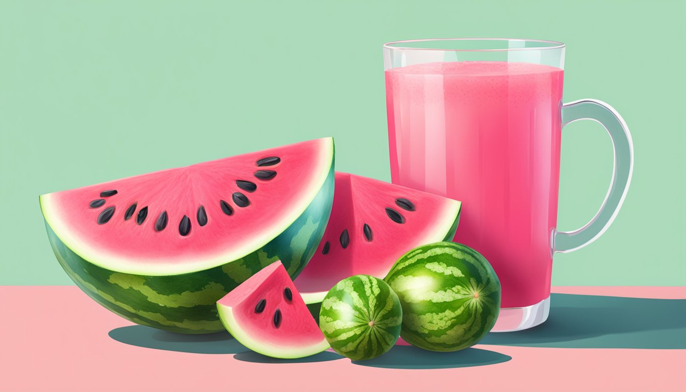 A ripe watermelon with a vibrant pink interior, surrounded by slices and a glass of watermelon juice