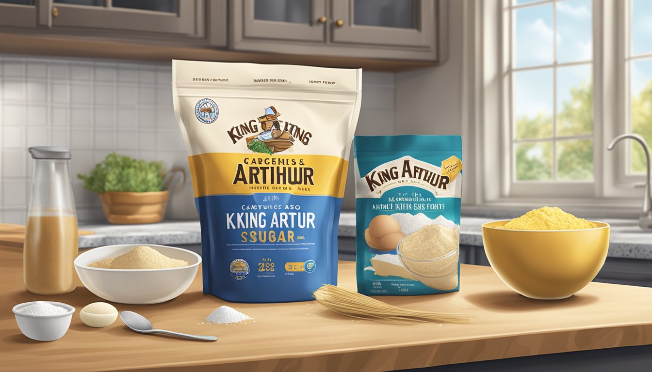 A kitchen counter with a bag of King Arthur flour, eggs, sugar, butter, and a mixing bowl