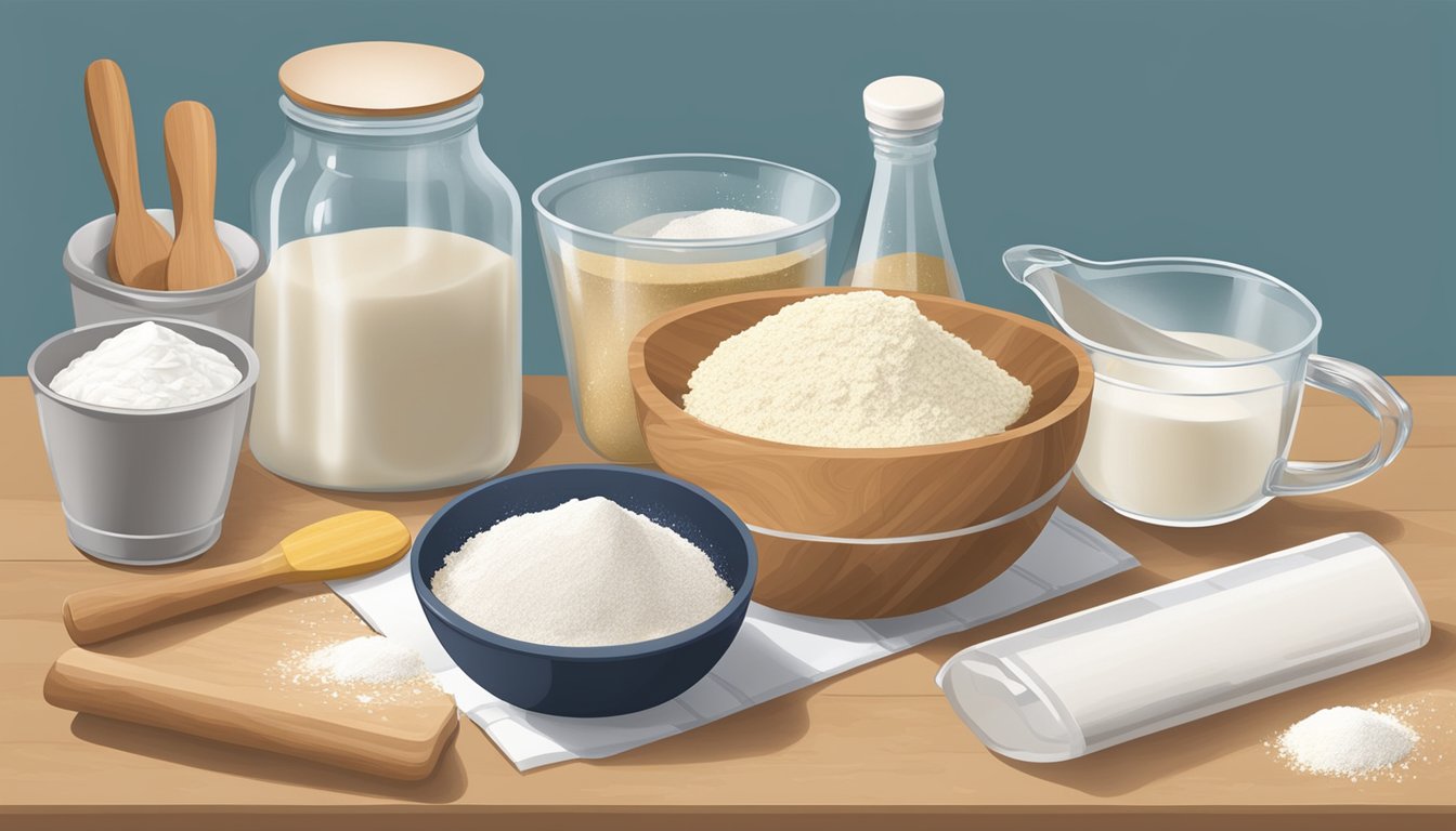 A kitchen counter with flour, mixing bowl, measuring cups, and a rolling pin. Ingredients and recipe book nearby