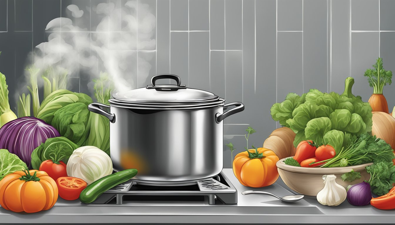 A steaming pot of Campbell's soup simmering on a stove, surrounded by fresh vegetables and herbs, with a bowl and spoon ready for serving