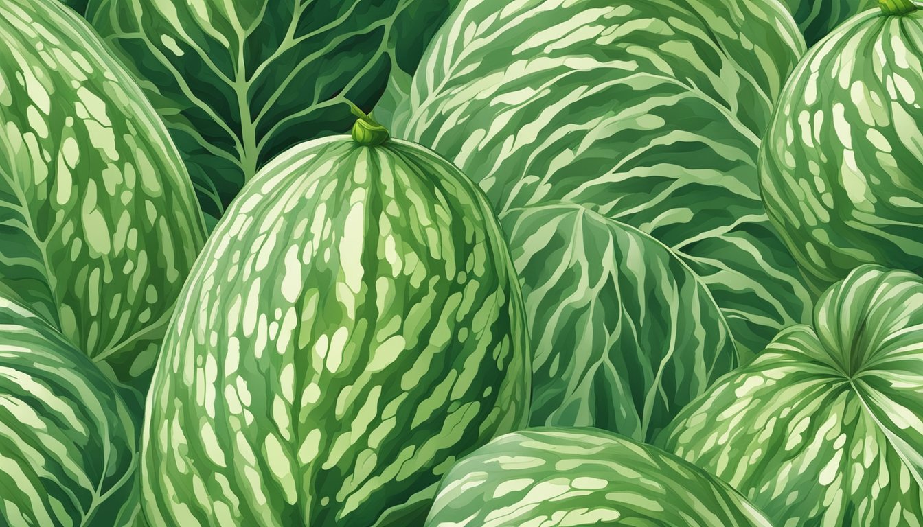 A watermelon leaf with prominent veining and jagged edges, surrounded by smaller leaves and tendrils