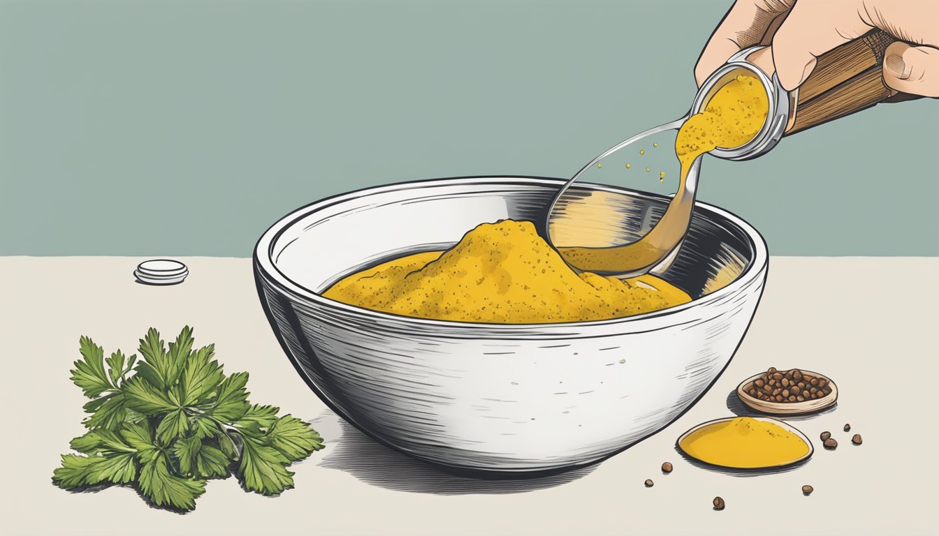 A hand mixing French's mustard with herbs and spices in a bowl