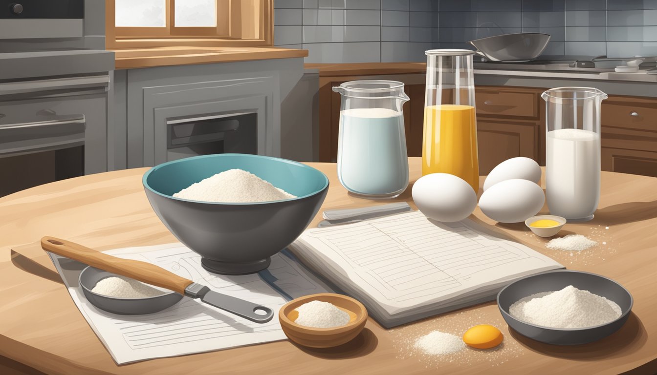 A kitchen counter with a bowl of flour, eggs, and a whisk, surrounded by measuring cups, a rolling pin, and a recipe book