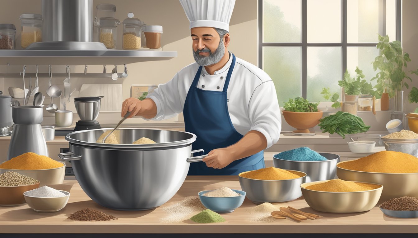 A chef expertly measures and mixes King Arthur flour in a stainless steel bowl, surrounded by various baking tools and ingredients