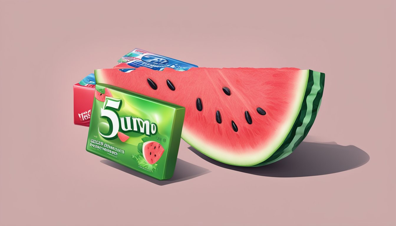 A juicy slice of watermelon next to a pack of 5 gum