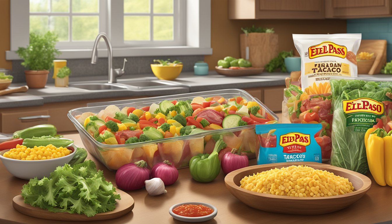 A colorful array of fresh vegetables and savory meats fill a kitchen counter, alongside a package of Old El Paso taco shells, ready to be filled and baked for a Mexican night feast