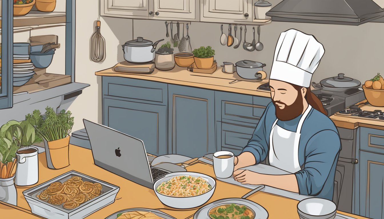 A person surrounded by digital devices follows a recipe with King Arthur flour while engaging with an online cooking community