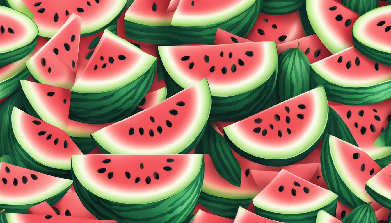 A watermelon sliced into cubes, with seeds scattered around