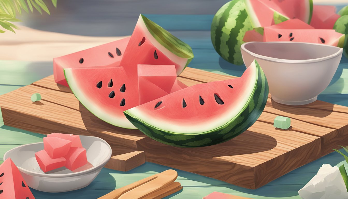 A slice of watermelon surrounded by scattered 5 gum pieces on a wooden picnic table