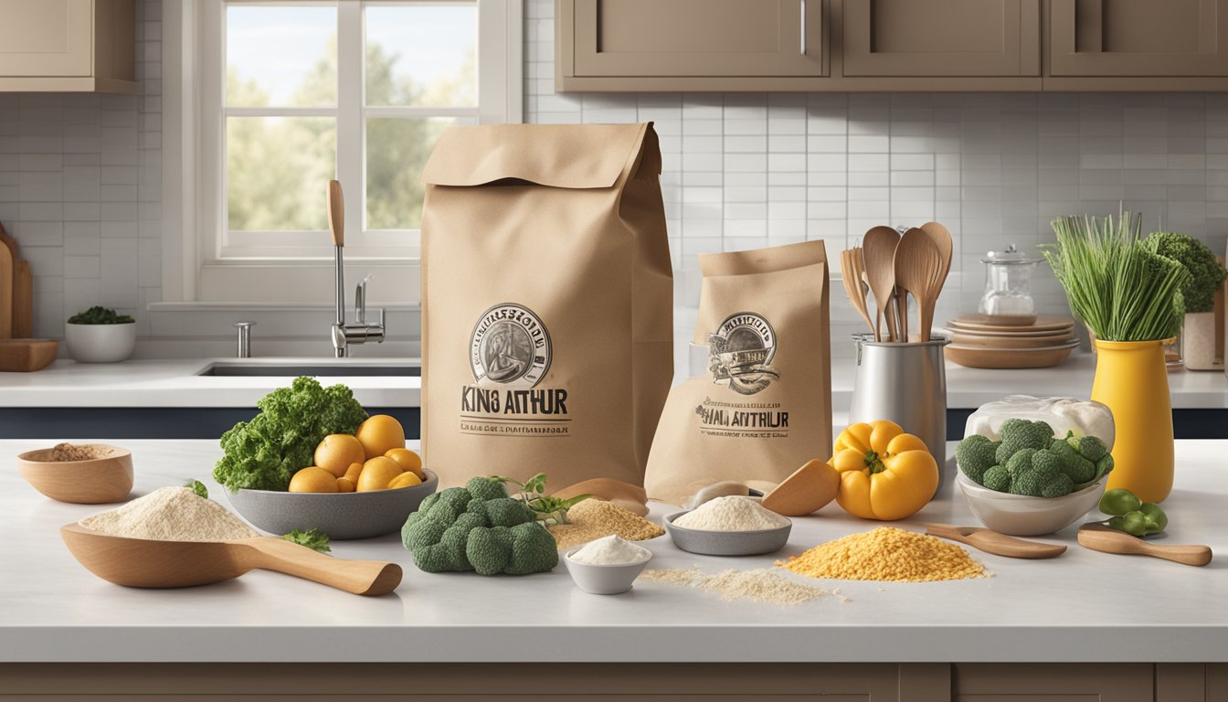 King Arthur flour bag surrounded by fresh ingredients and kitchen utensils on a clean, well-lit countertop