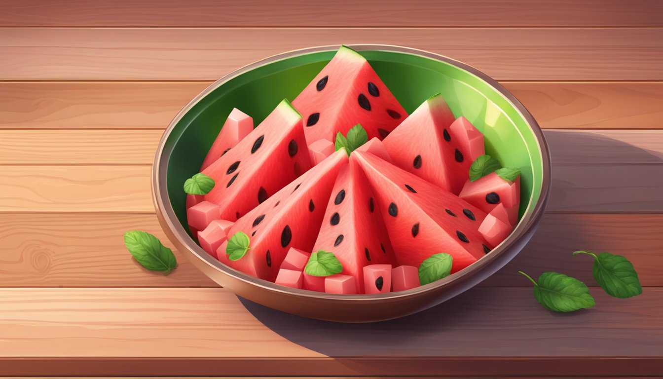 A ripe watermelon sliced into cubes, arranged in a colorful bowl on a wooden table