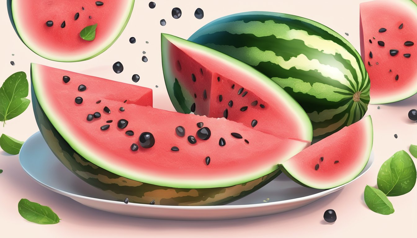 A sliced watermelon with droplets of water on the juicy red flesh, surrounded by a few scattered seeds on a clean white plate