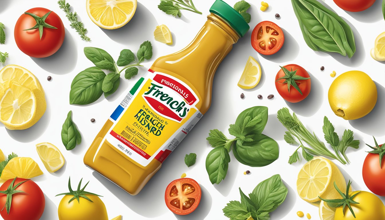 A bottle of French's mustard surrounded by vibrant, fresh ingredients like tomatoes, lemons, and herbs on a clean, white kitchen counter