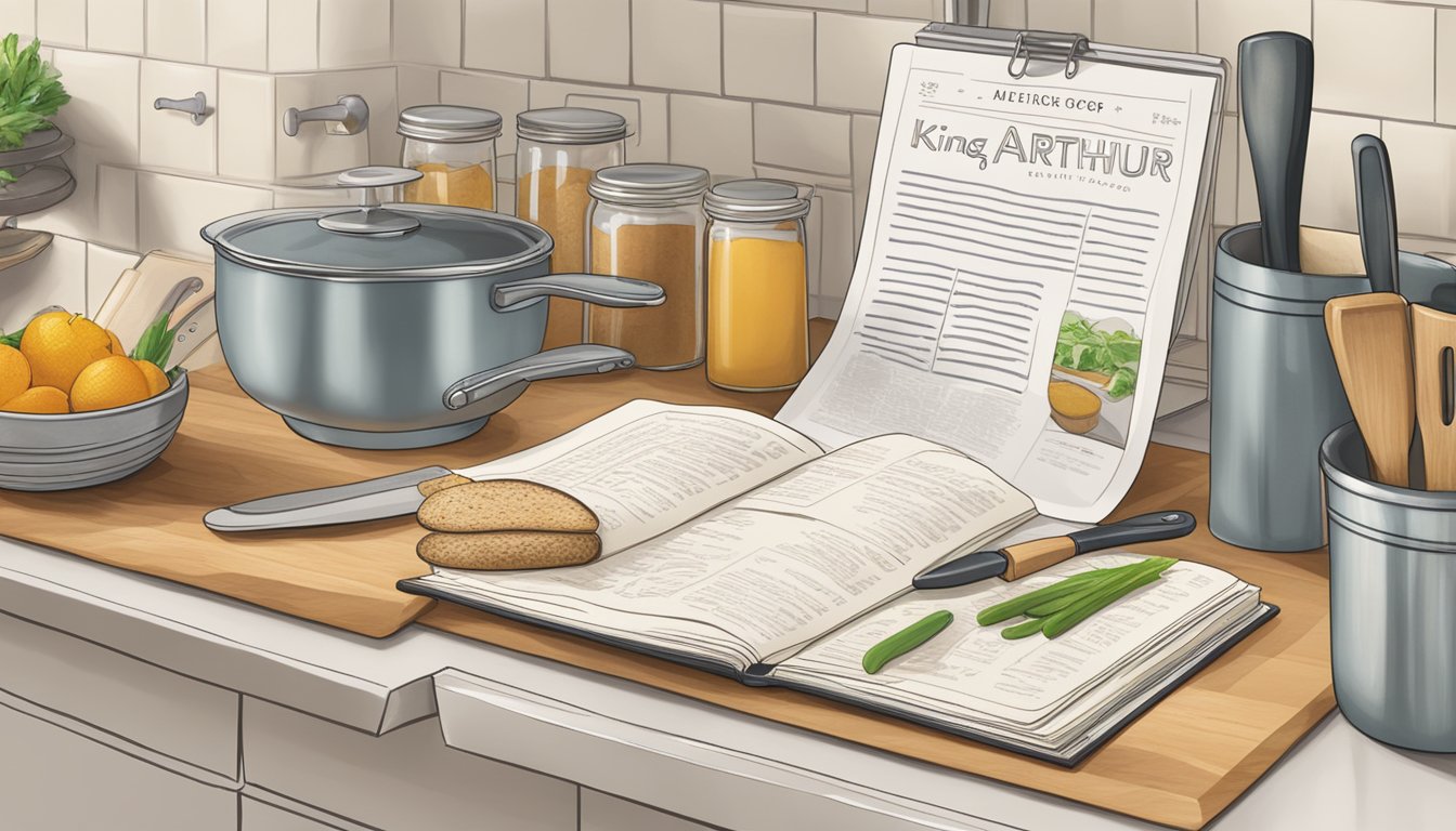 A kitchen counter with King Arthur flour, recipe books, and cooking utensils