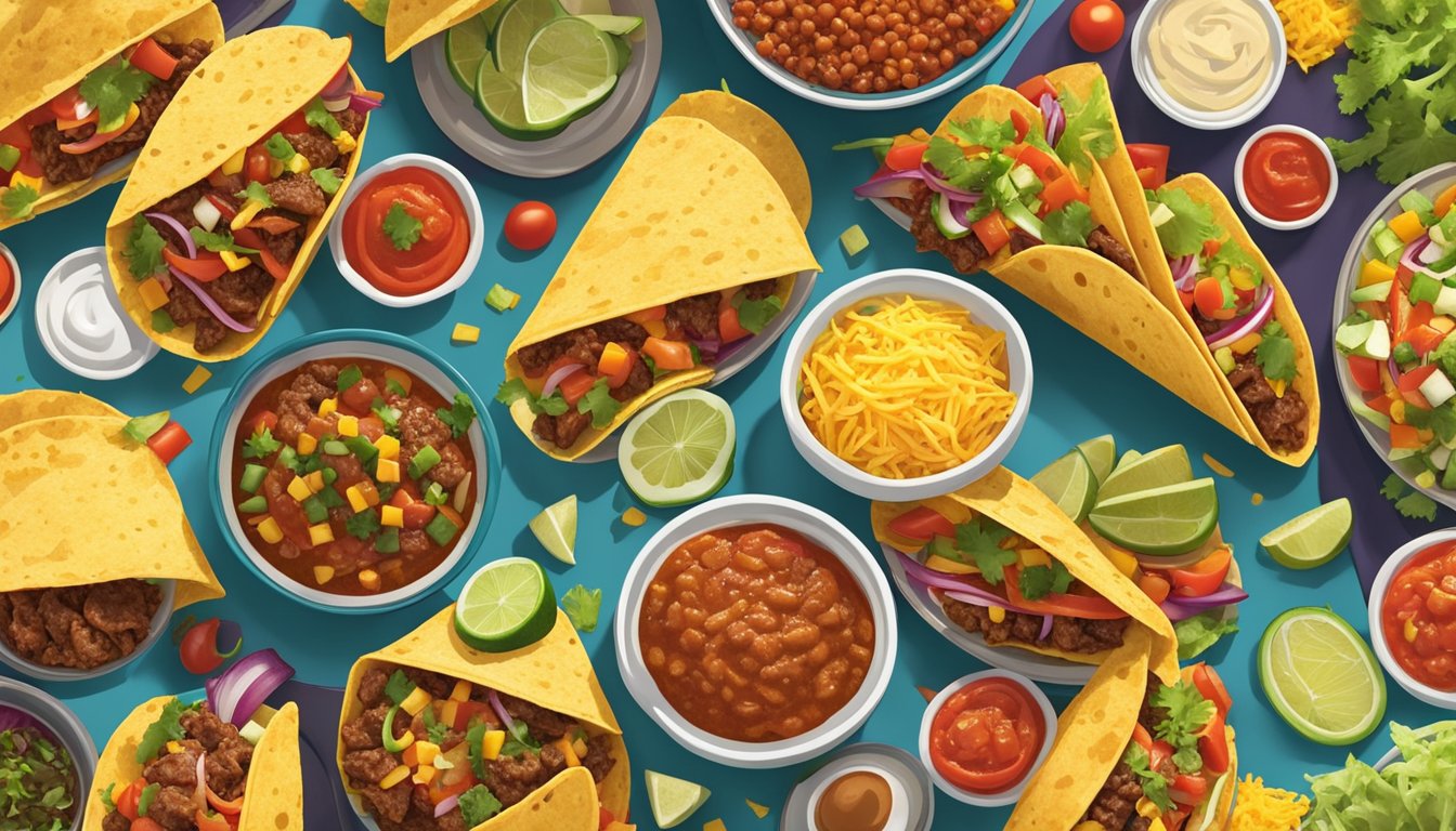 A colorful spread of taco toppings and fillings, including seasoned meat, fresh vegetables, shredded cheese, and salsa, arranged around a stack of Old El Paso taco shells