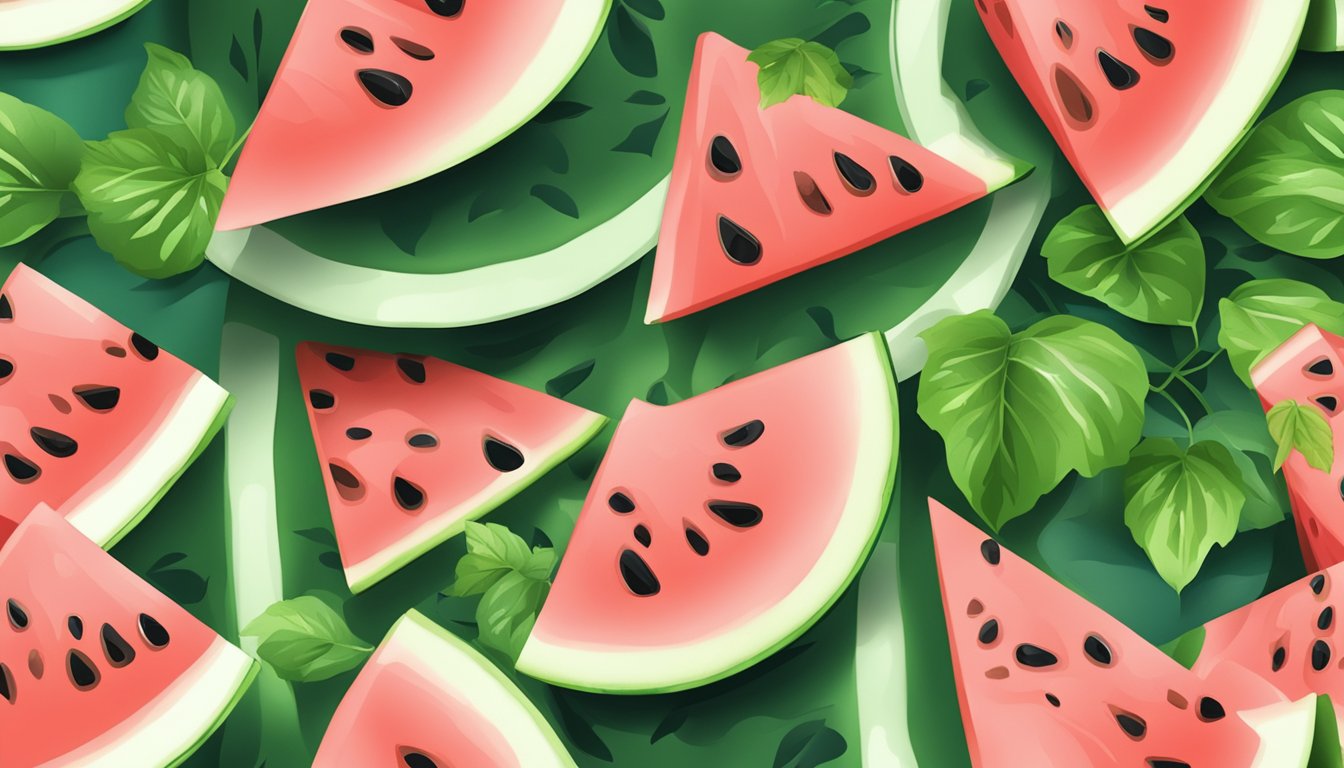 A watermelon slice on a plate surrounded by green leaves and a glass of water